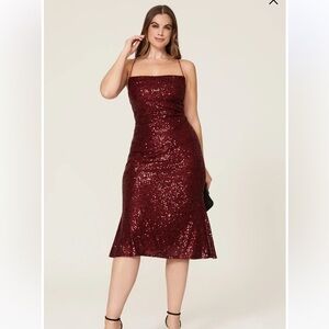 Mac Duggal burgundy sequin midi dress